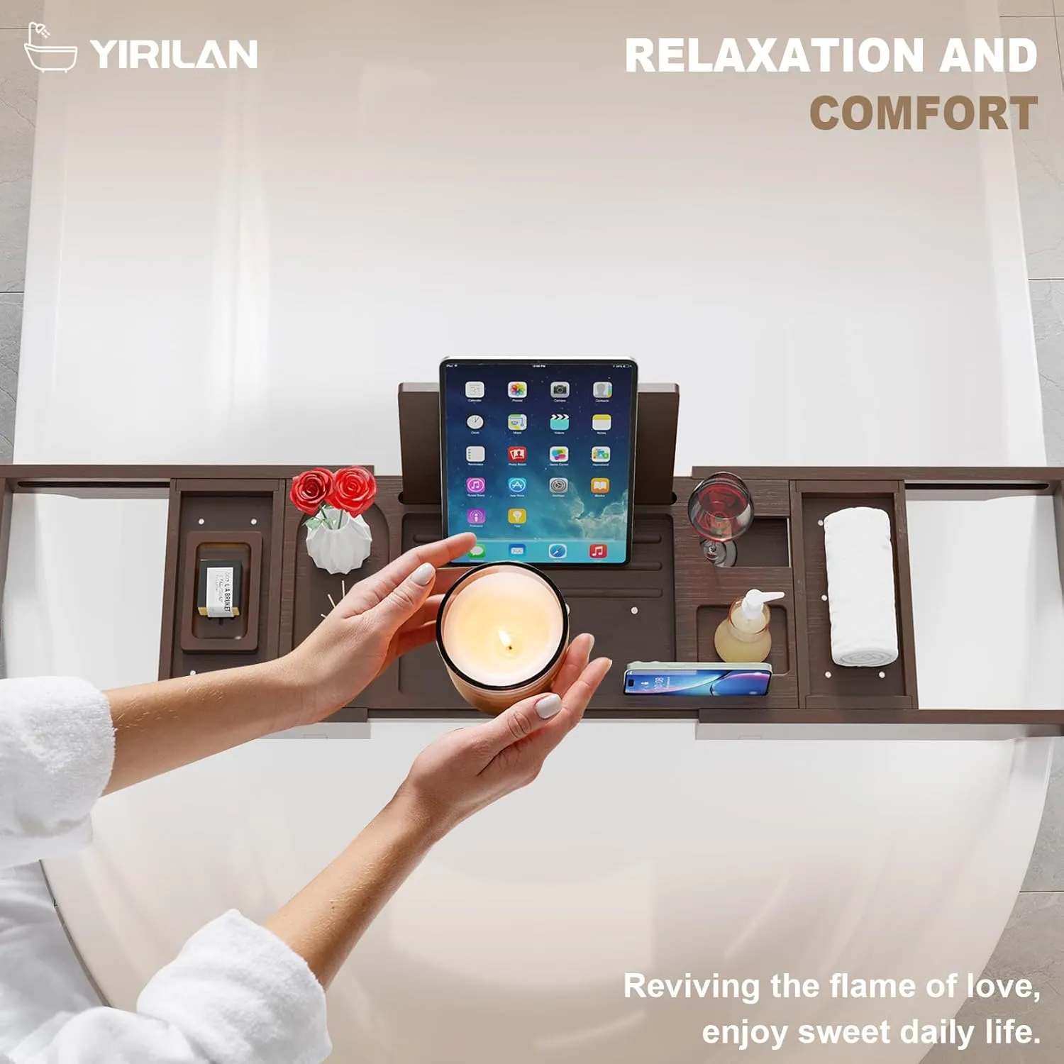 Yirilan Foldable Bamboo Bathtub Tray Caddy, Bathtub Tray, Can Place Wine Glasses, Books, Mobile Phones Multifunctional Bath Tub Tray, Suitable for Gifts in Various Festivals, Brown