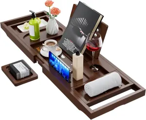 Yirilan Foldable Bamboo Bathtub Tray Caddy, Bathtub Tray, Can Place Wine Glasses, Books, Mobile Phones Multifunctional Bath Tub Tray, Suitable for Gifts in Various Festivals, Brown