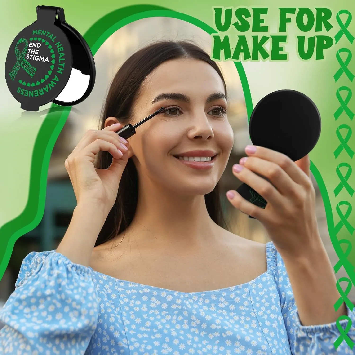 Zhehao 40 Pcs Mini Mental Health Awareness Compact Mirror Green Ribbon Gifts Bulk Mini Compact Portable Mental Health Awareness Month Mirrors for Men Women Birthday Gifts