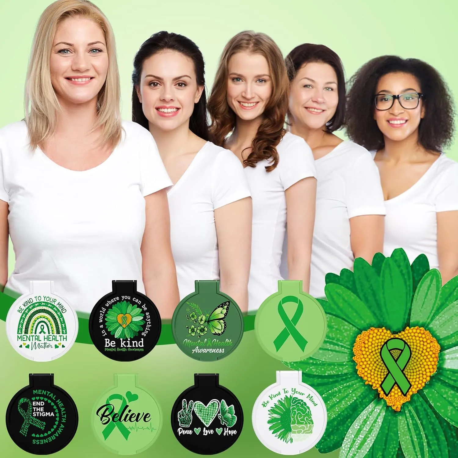Zhehao 40 Pcs Mini Mental Health Awareness Compact Mirror Green Ribbon Gifts Bulk Mini Compact Portable Mental Health Awareness Month Mirrors for Men Women Birthday Gifts