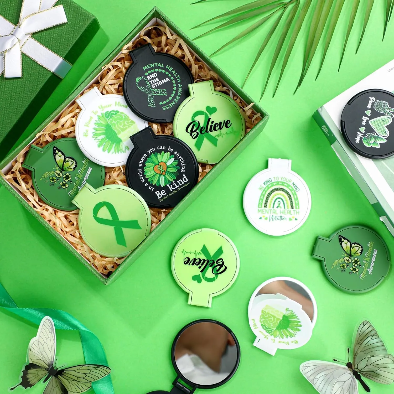 Zhehao 40 Pcs Mini Mental Health Awareness Compact Mirror Green Ribbon Gifts Bulk Mini Compact Portable Mental Health Awareness Month Mirrors for Men Women Birthday Gifts