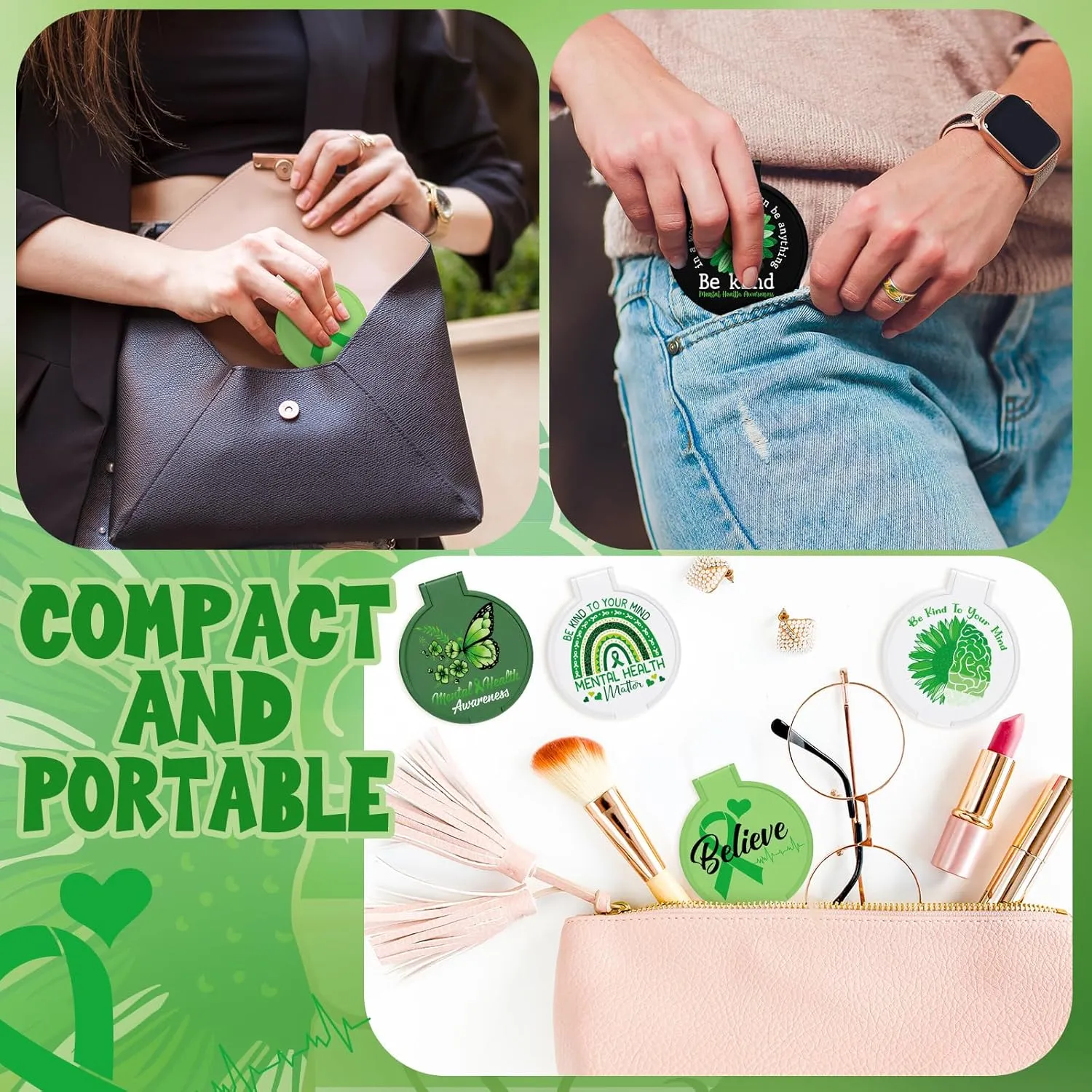 Zhehao 40 Pcs Mini Mental Health Awareness Compact Mirror Green Ribbon Gifts Bulk Mini Compact Portable Mental Health Awareness Month Mirrors for Men Women Birthday Gifts