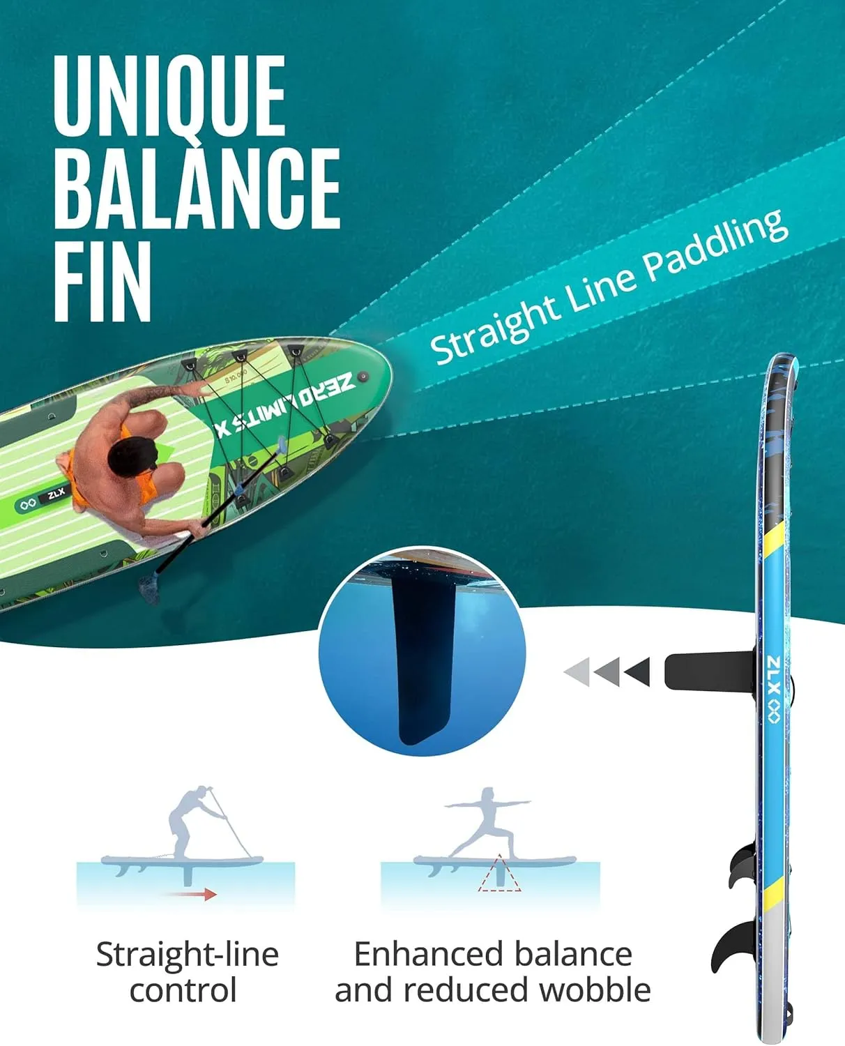 ZLX 10'6" Inflatable Stand Up Paddle Board, Extra Wide Stable Non-Slip Deck Pad, Unique Center Fin, Portable Paddleboard for Adults, Premium SUP for All Skill Levels